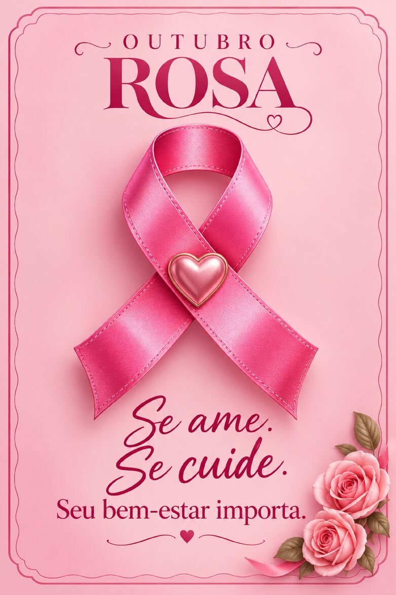 Cartão Outubro Rosa com laço grande de cetim rosa, coração central e pequenas rosas no canto